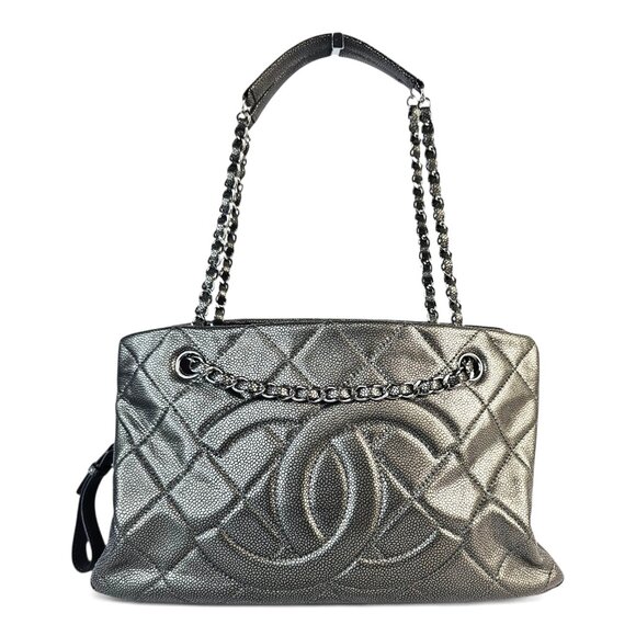 CHANEL Timeless CC Leather Chain Shopper Tote Bag Shoulder Metallic Grey Pewter - Picture 1 of 12